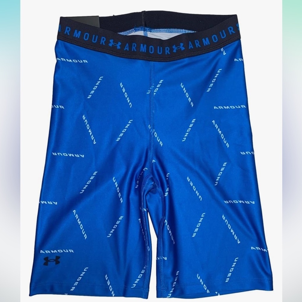 Under Armour Women's HeatGear Armour Bike Shorts 8" Inseam BLUE LOGO PRINT Sz XS